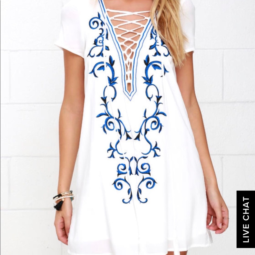 NWT White Dress with Cute Blue Designs